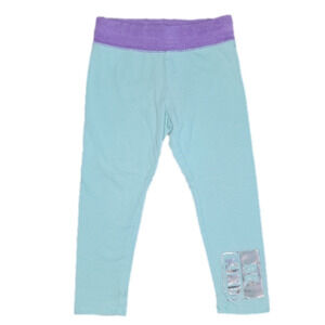 OKIE DOKIE Aqua Yoga Leggings with Purple Waistband and Shiny 'BE KIND' on Leg